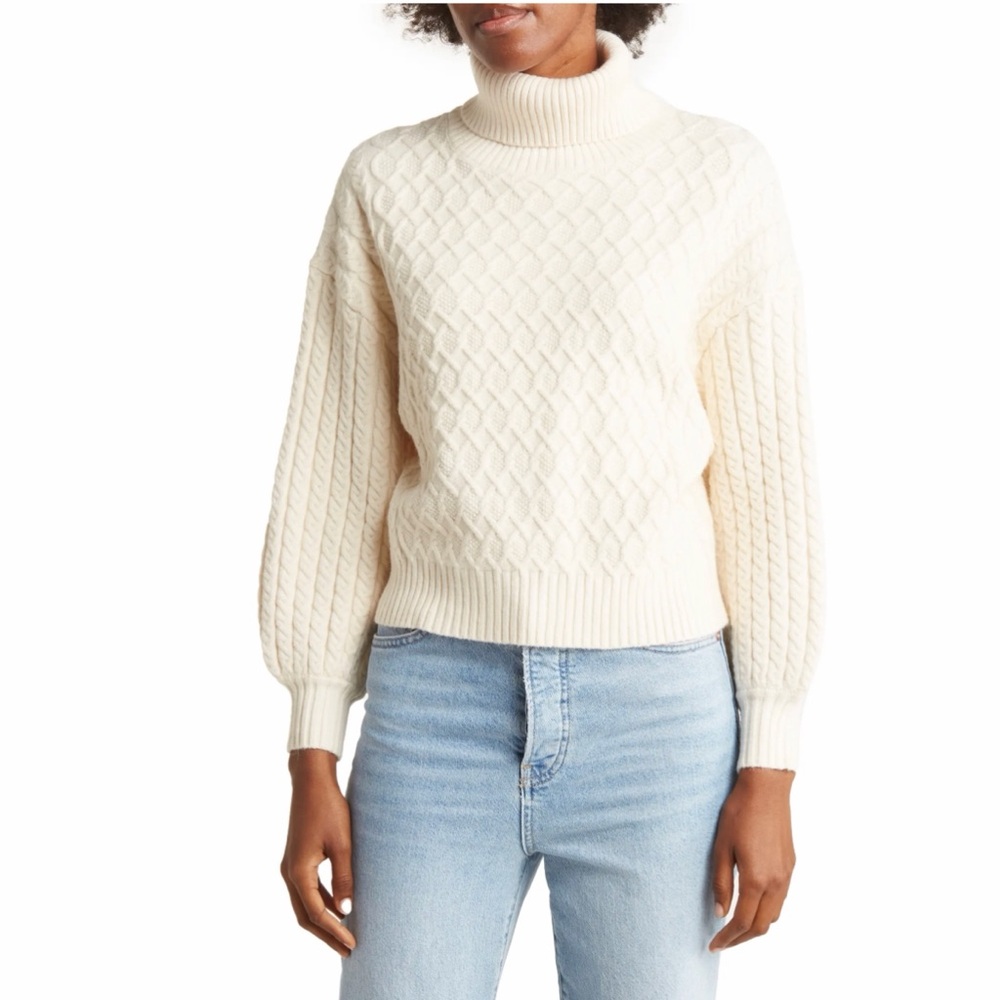 Tahari Cable stitch Turtleneck Sweater stretch cozy winter warm off-white cottag - Picture 1 of 8